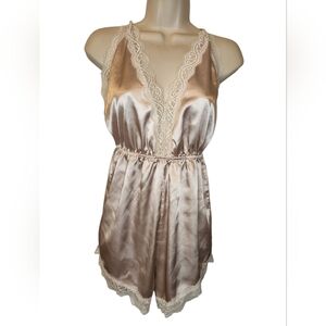 Lace Trim Satin Romper Best Fits Medium V Neck One Piece Lingerie
